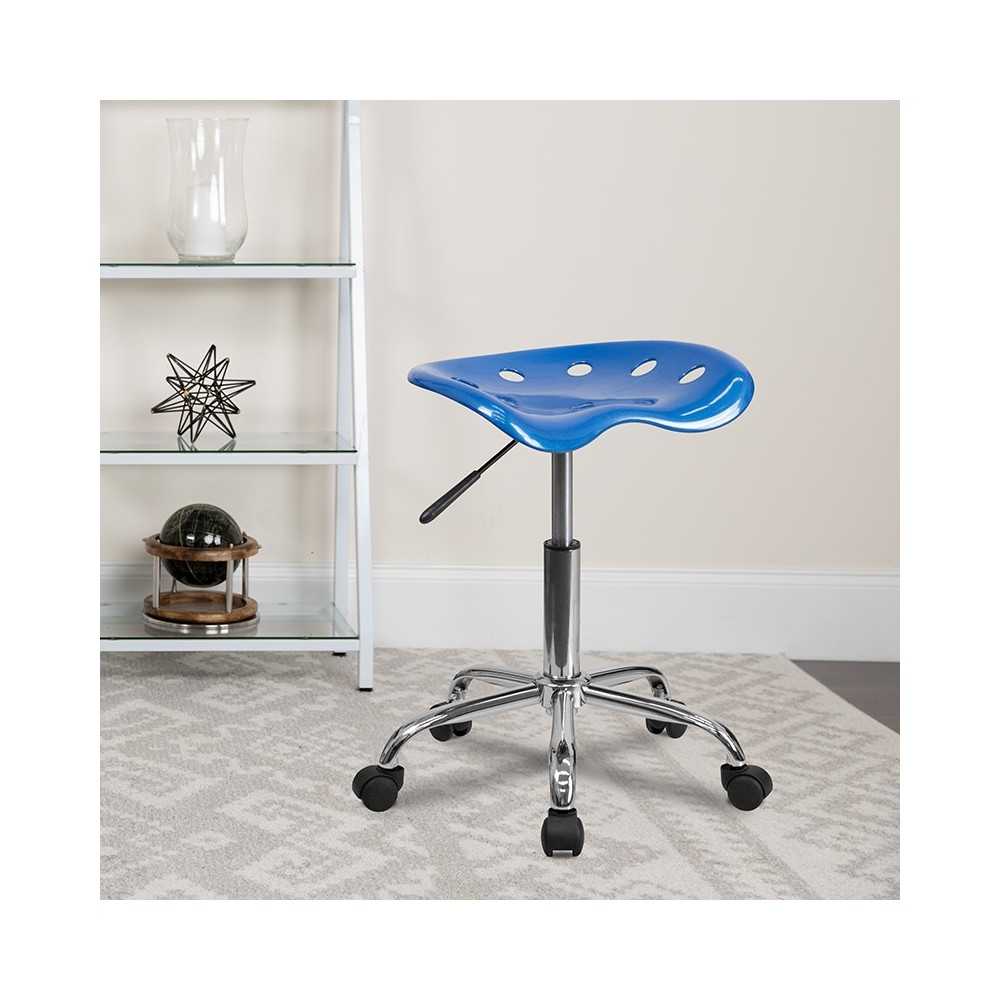 Vibrant Bright Blue Tractor Seat and Chrome Stool