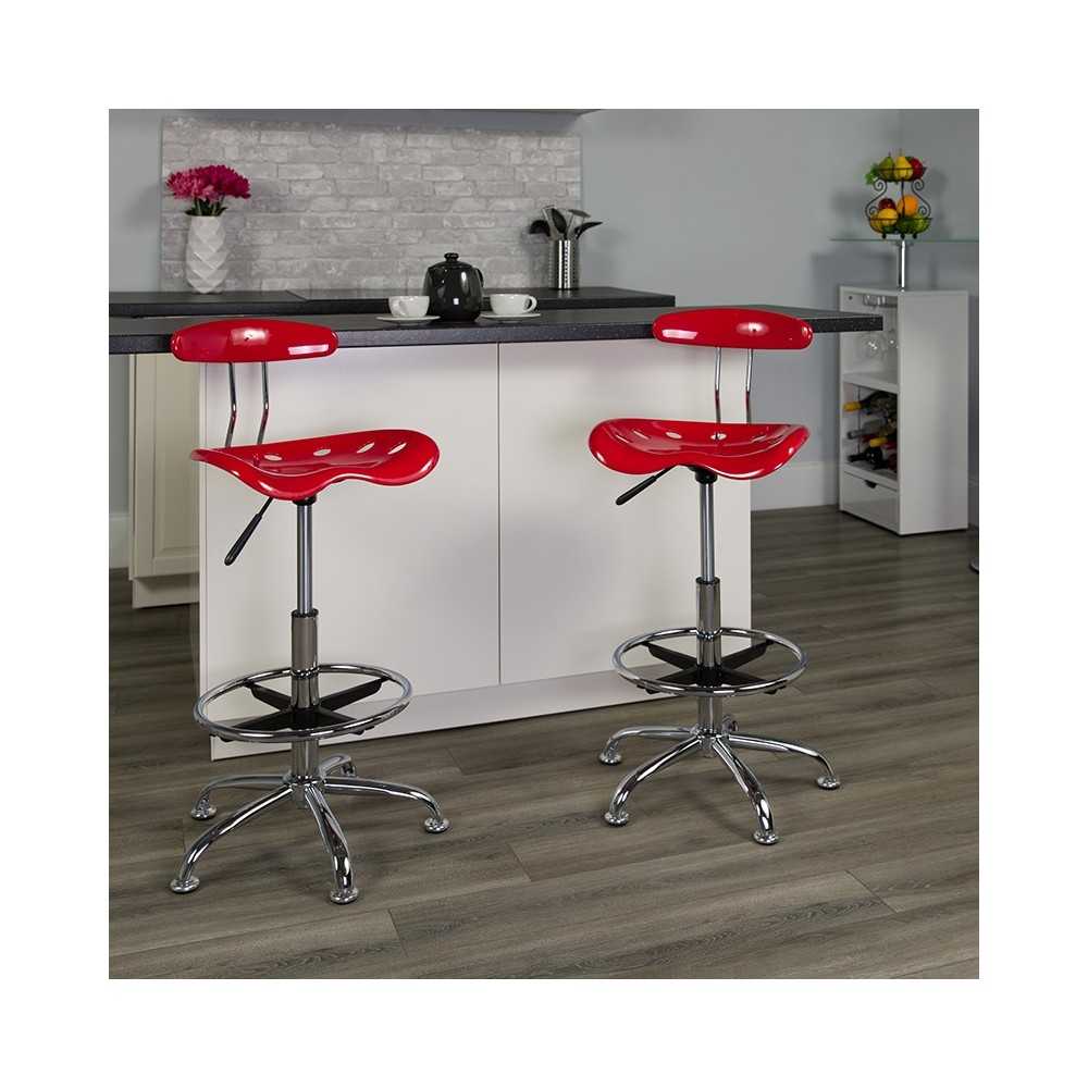 Vibrant Cherry Tomato and Chrome Drafting Stool with Tractor Seat