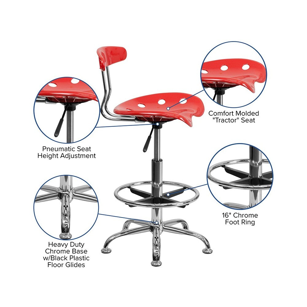 Vibrant Cherry Tomato and Chrome Drafting Stool with Tractor Seat