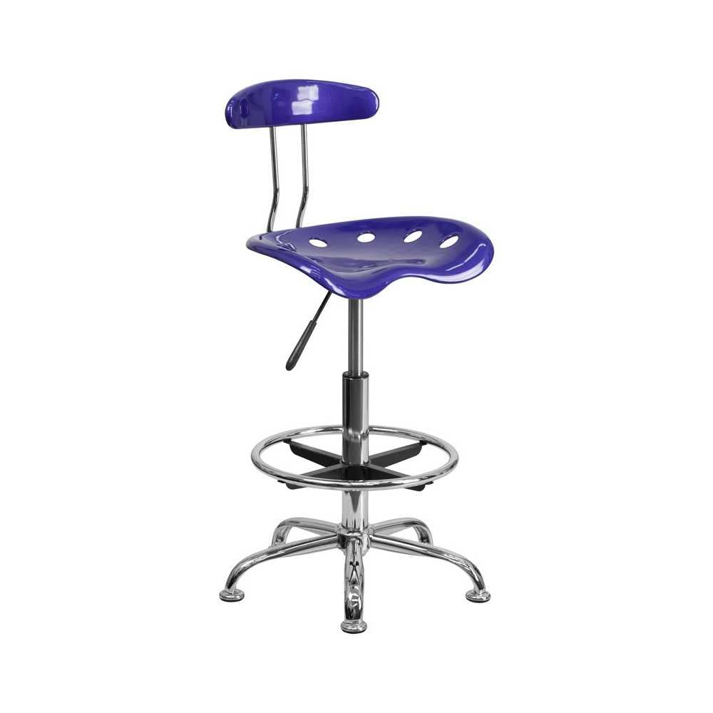 Vibrant Deep Blue and Chrome Drafting Stool with Tractor Seat