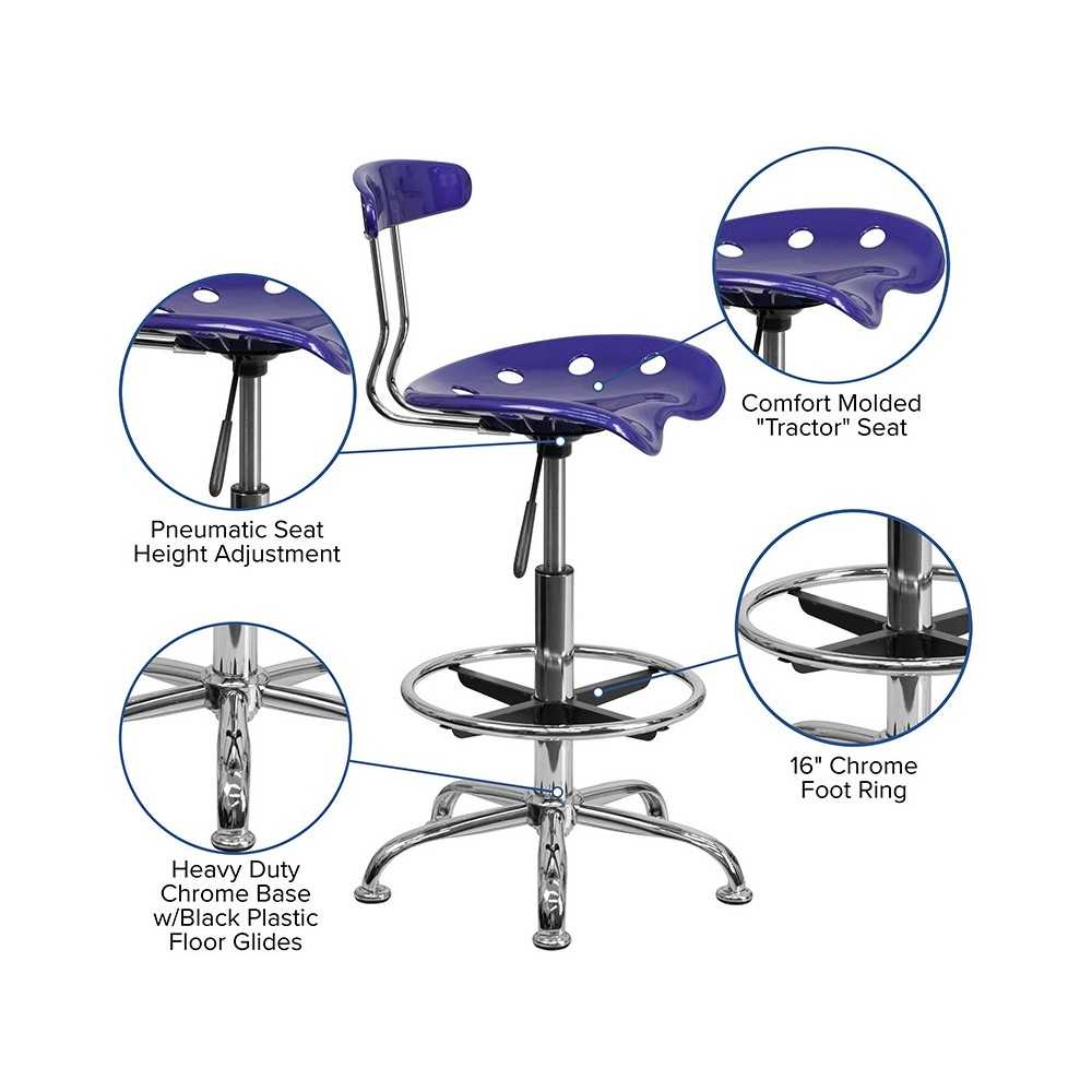 Vibrant Deep Blue and Chrome Drafting Stool with Tractor Seat