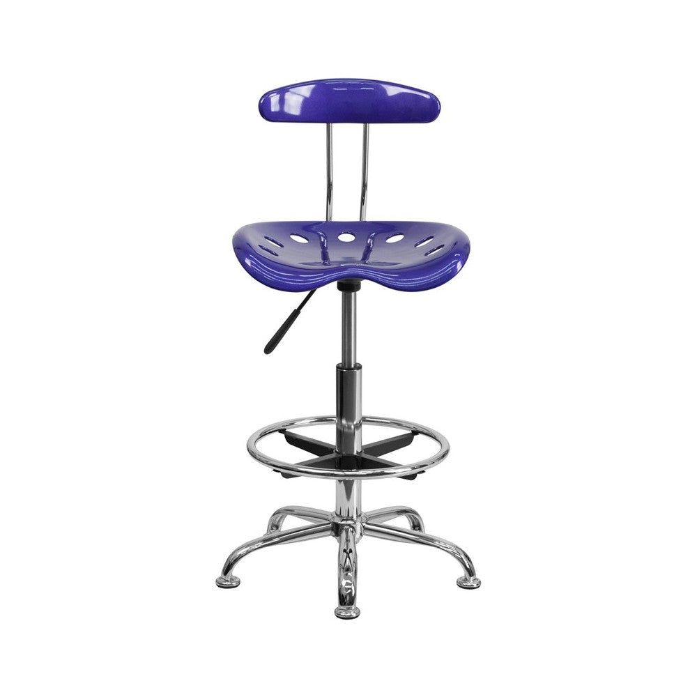 Vibrant Deep Blue and Chrome Drafting Stool with Tractor Seat