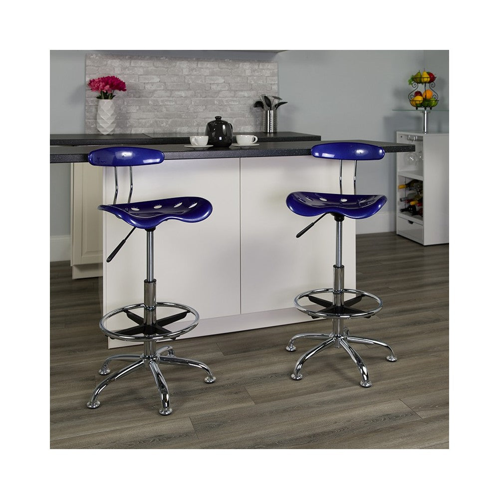 Vibrant Deep Blue and Chrome Drafting Stool with Tractor Seat