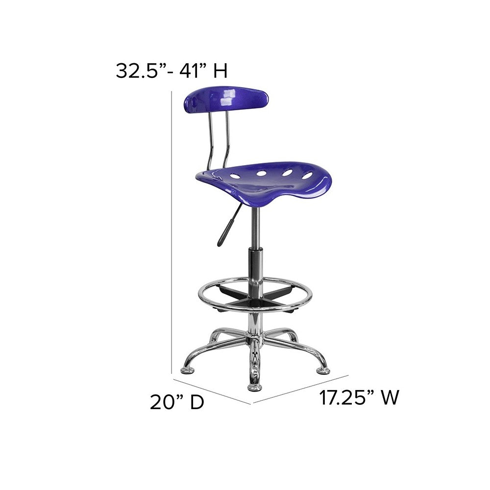 Vibrant Deep Blue and Chrome Drafting Stool with Tractor Seat