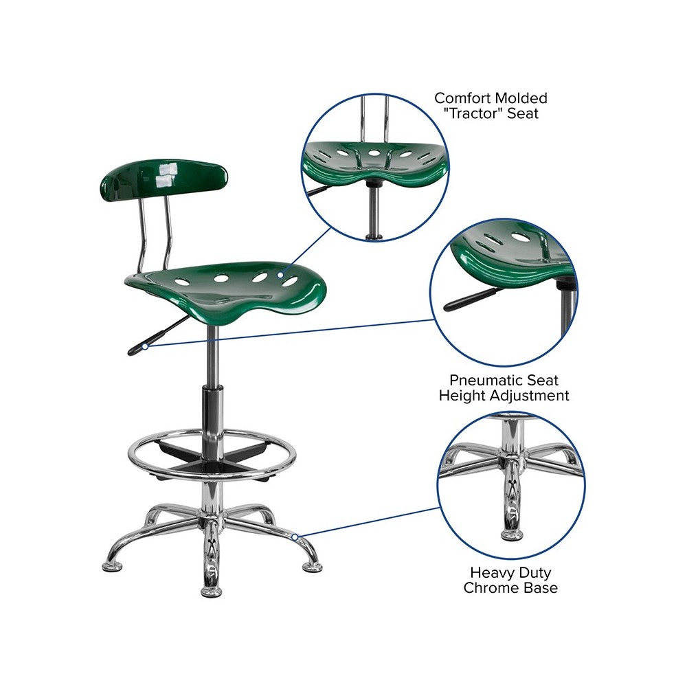 Vibrant Green and Chrome Drafting Stool with Tractor Seat