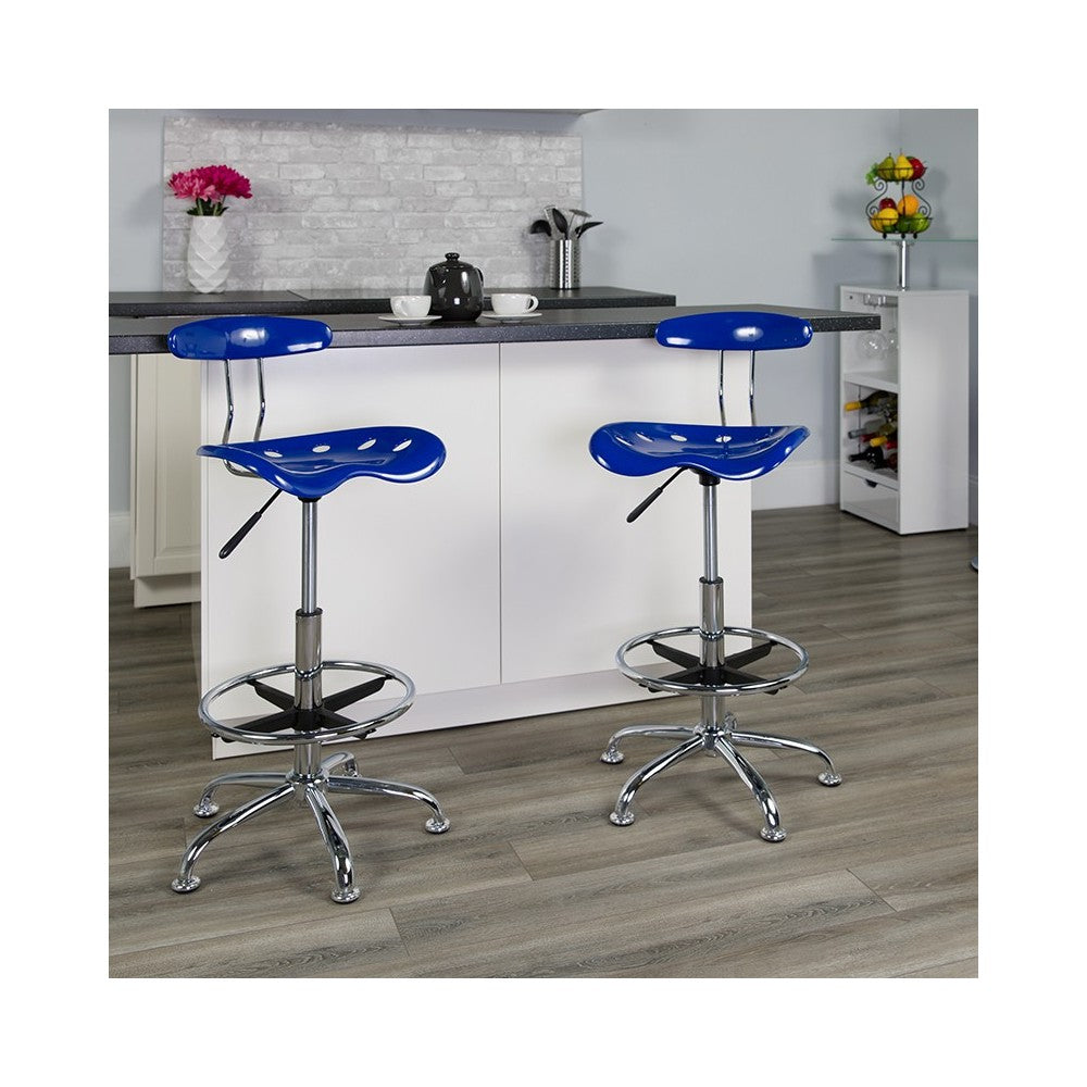 Vibrant Nautical Blue and Chrome Drafting Stool with Tractor Seat