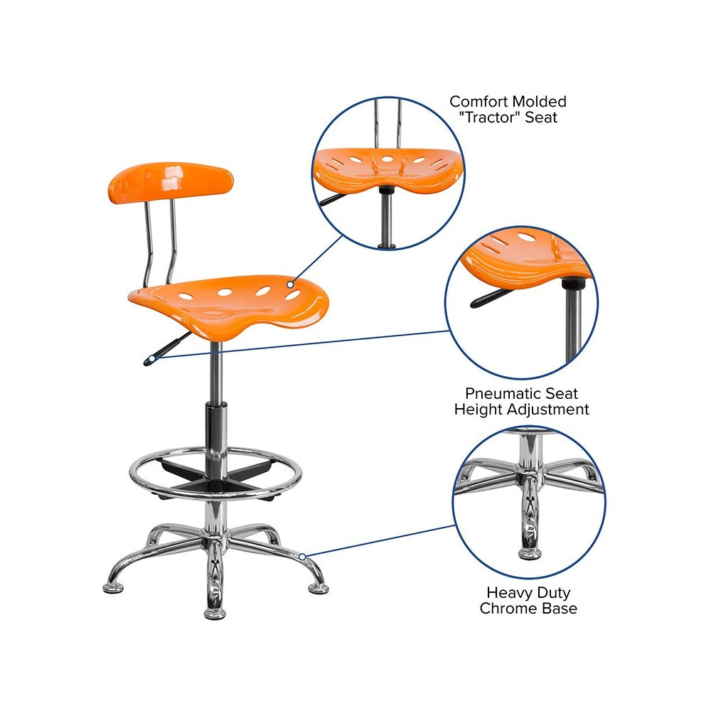 Vibrant Orange and Chrome Drafting Stool with Tractor Seat