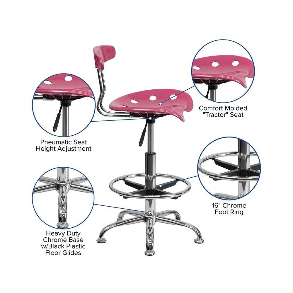 Vibrant Pink and Chrome Drafting Stool with Tractor Seat