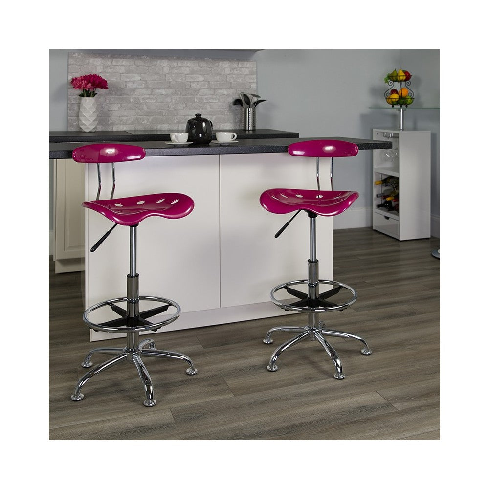 Vibrant Pink and Chrome Drafting Stool with Tractor Seat