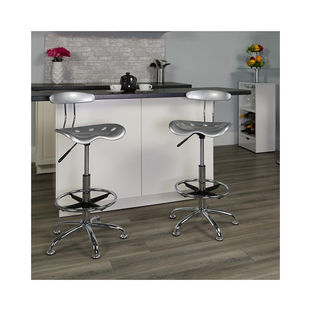 Vibrant Silver and Chrome Drafting Stool with Tractor Seat