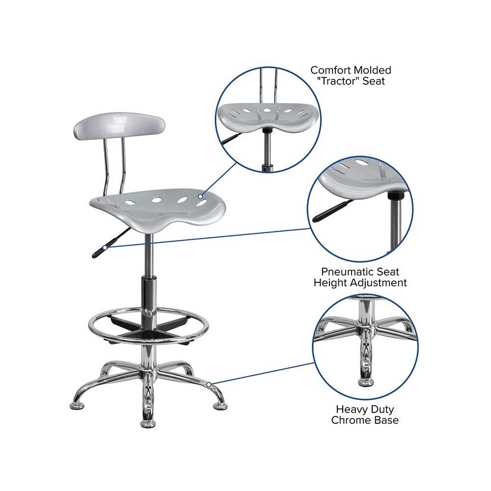 Vibrant Silver and Chrome Drafting Stool with Tractor Seat