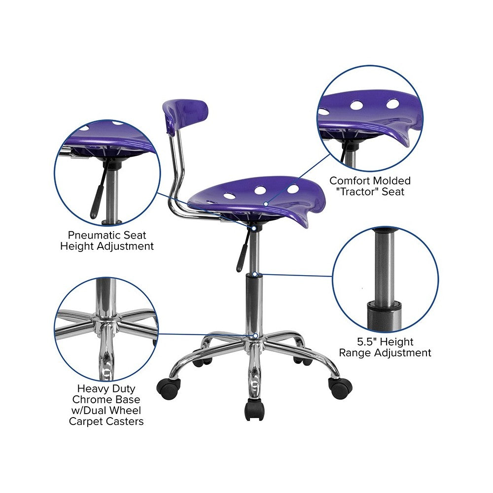 Vibrant Violet and Chrome Swivel Task Office Chair with Tractor Seat