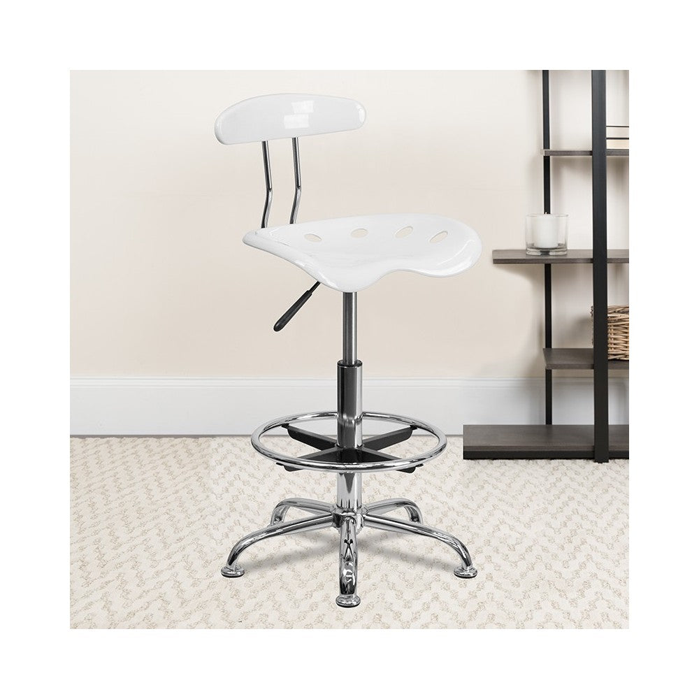 Vibrant White and Chrome Drafting Stool with Tractor Seat