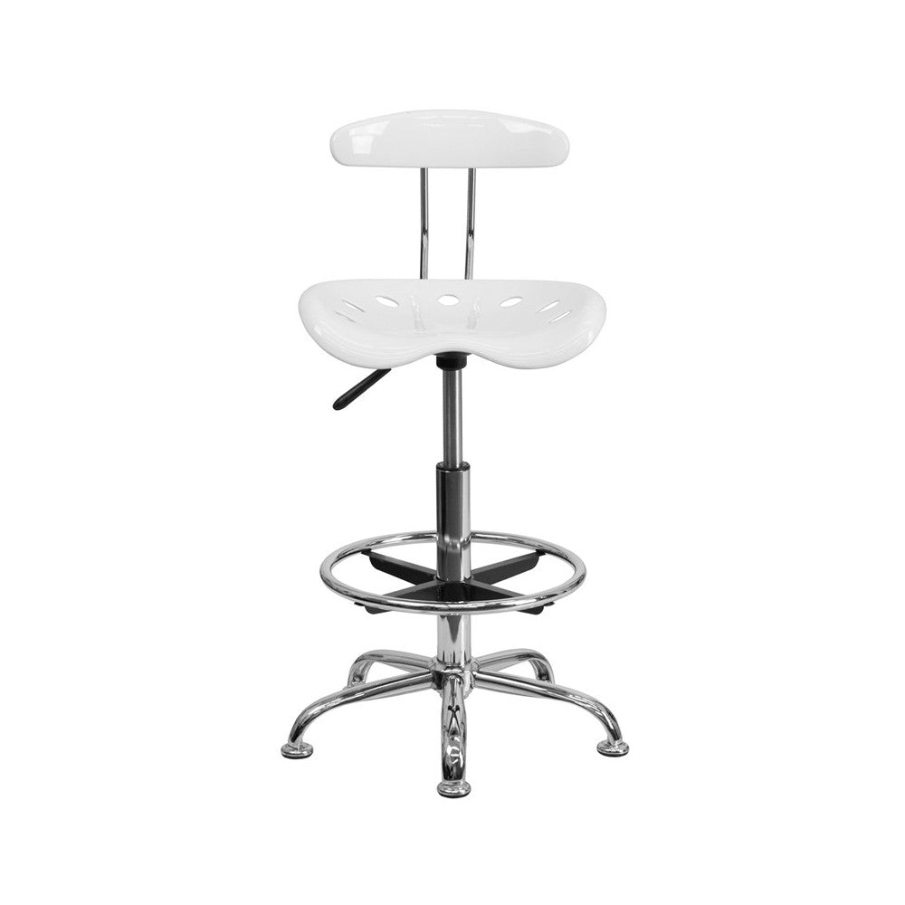 Vibrant White and Chrome Drafting Stool with Tractor Seat