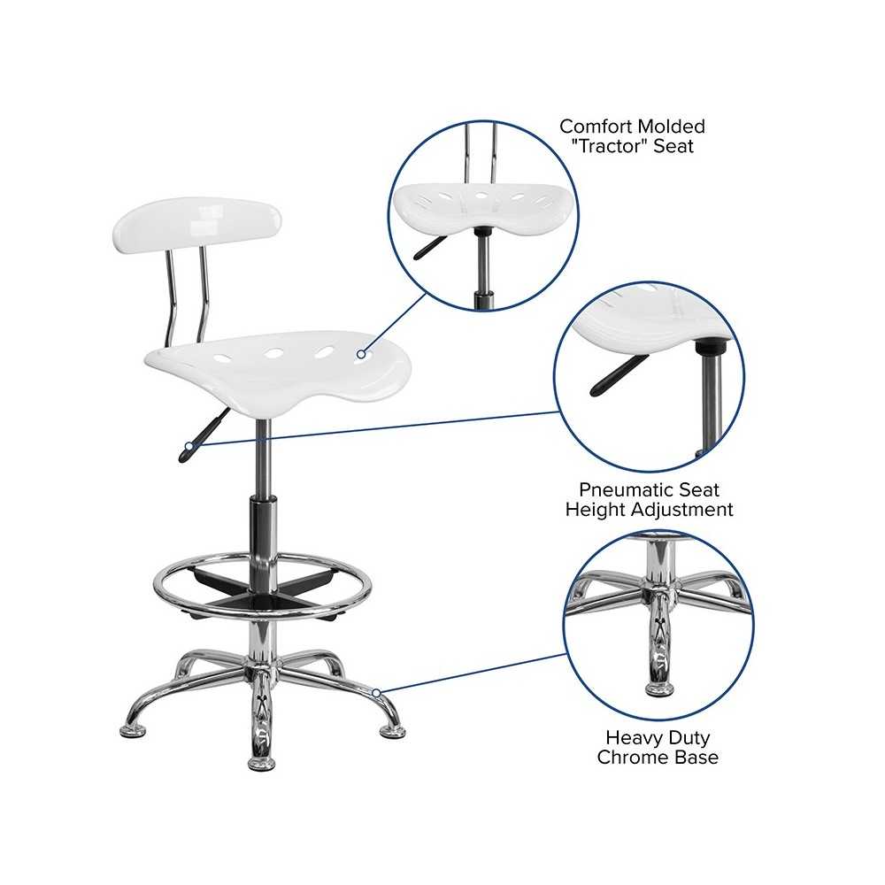 Vibrant White and Chrome Drafting Stool with Tractor Seat