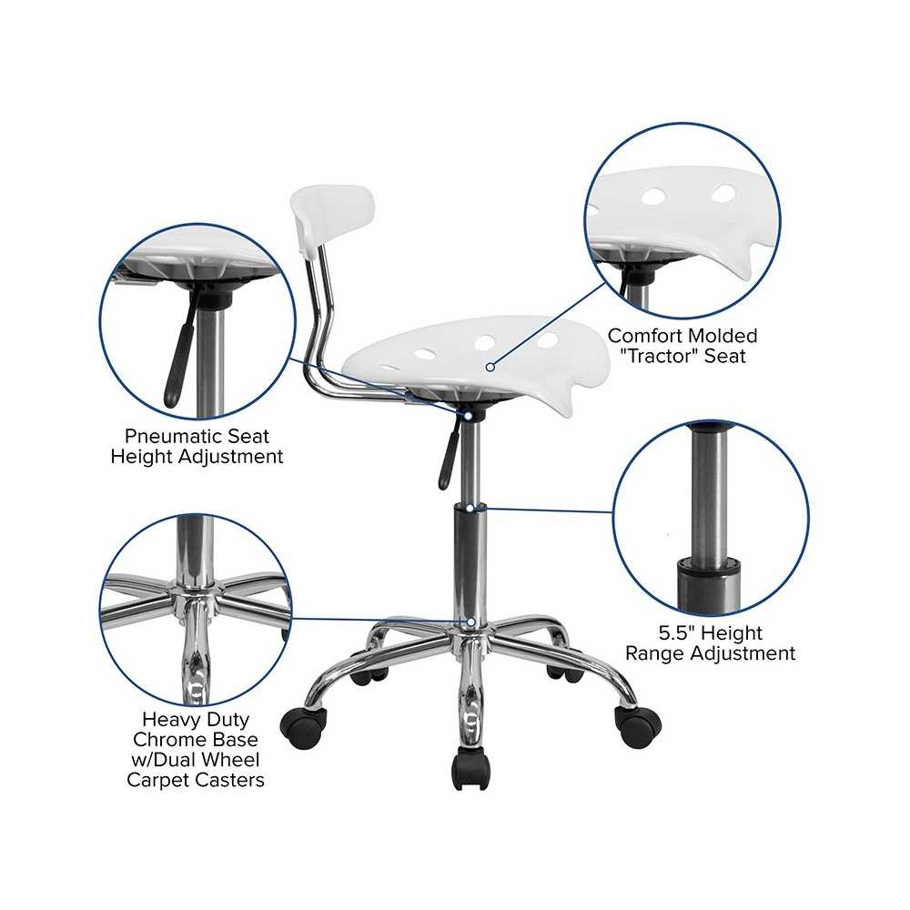 Vibrant White and Chrome Swivel Task Office Chair with Tractor Seat