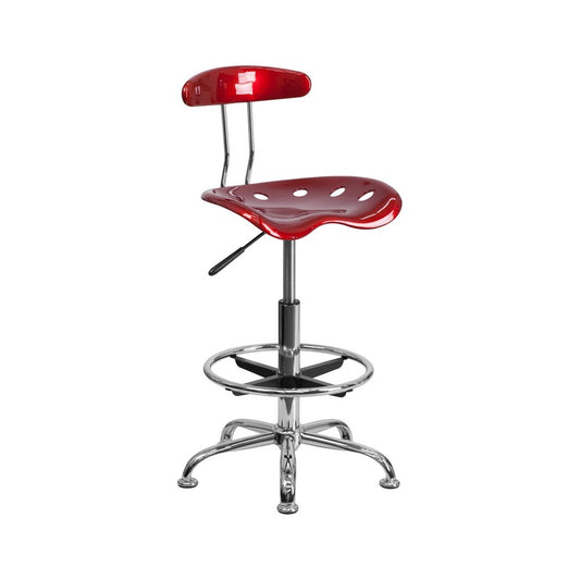 Vibrant Wine Red and Chrome Drafting Stool with Tractor Seat