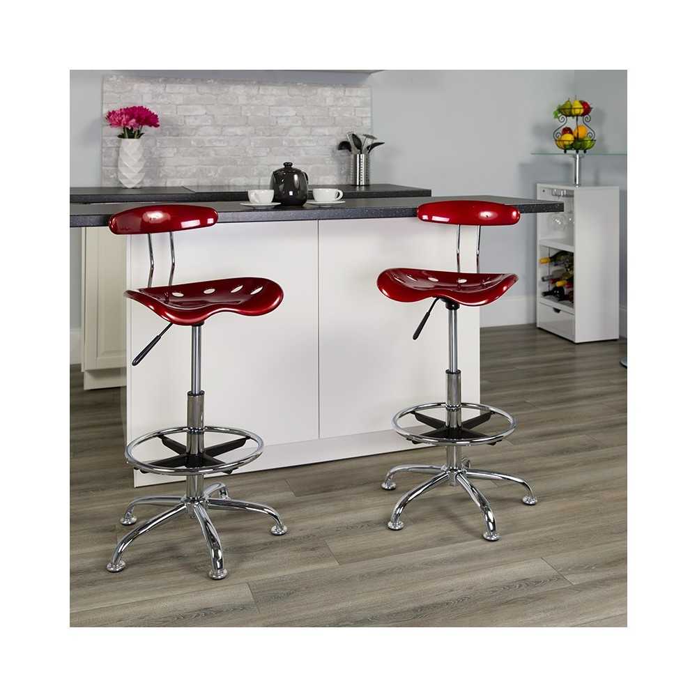 Vibrant Wine Red and Chrome Drafting Stool with Tractor Seat