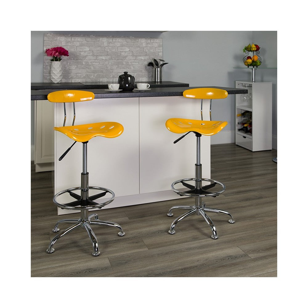 Vibrant Yellow and Chrome Drafting Stool with Tractor Seat