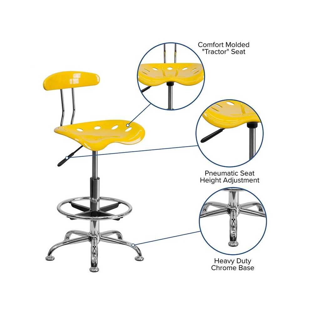 Vibrant Yellow and Chrome Drafting Stool with Tractor Seat