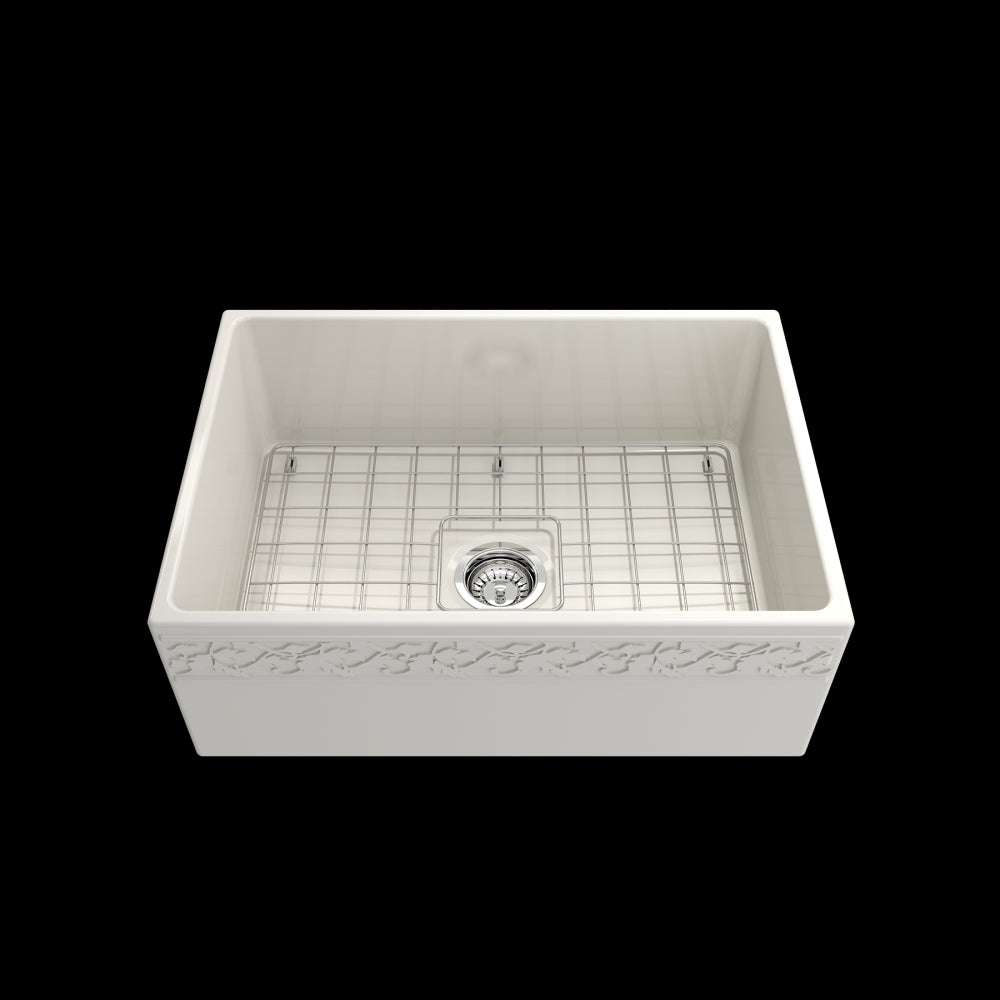 Vigneto Apron Front Fireclay 27 in. Single Bowl Kitchen Sink with Protective Bottom Grid and Strainer in Biscuit