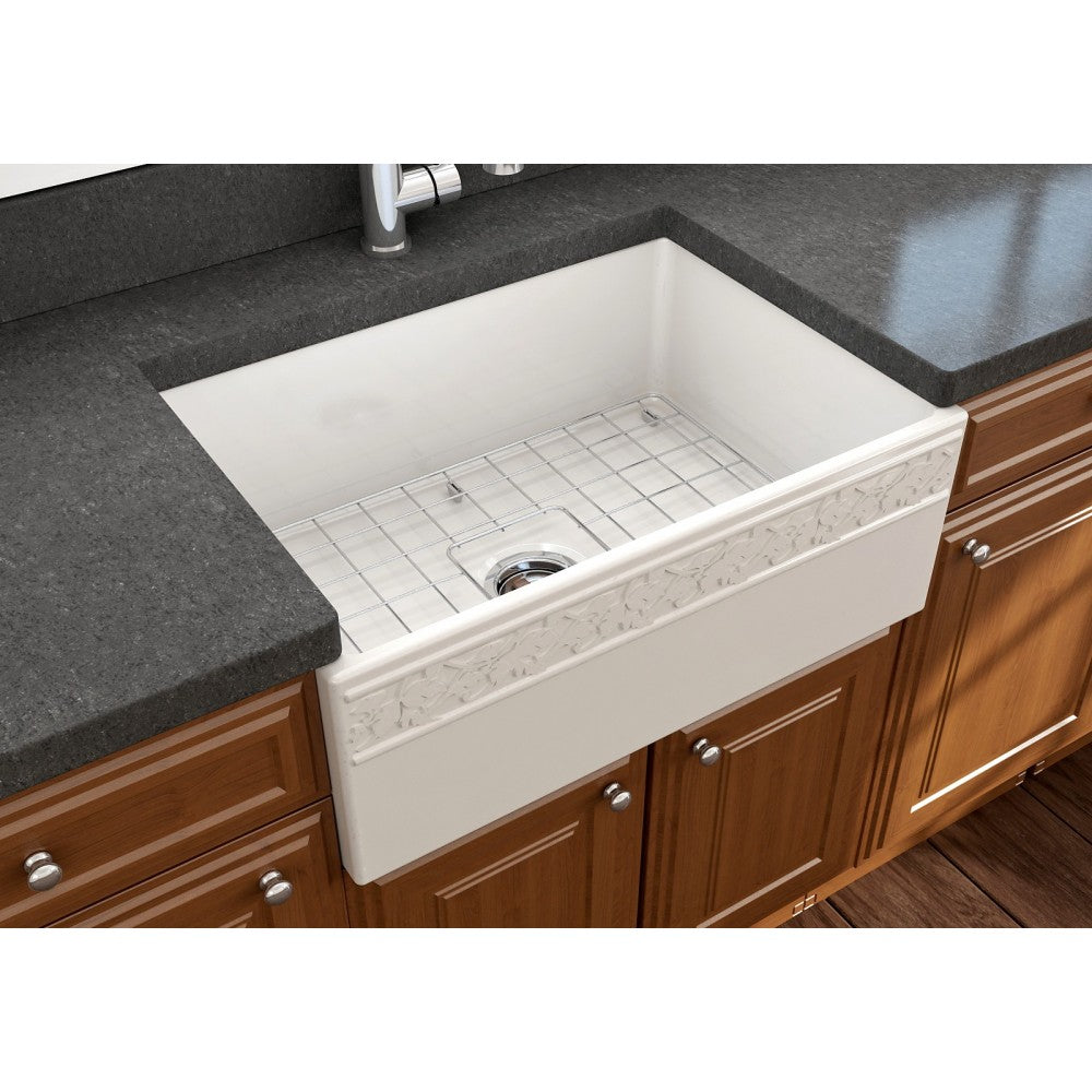 Vigneto Apron Front Fireclay 27 in. Single Bowl Kitchen Sink with Protective Bottom Grid and Strainer in Biscuit