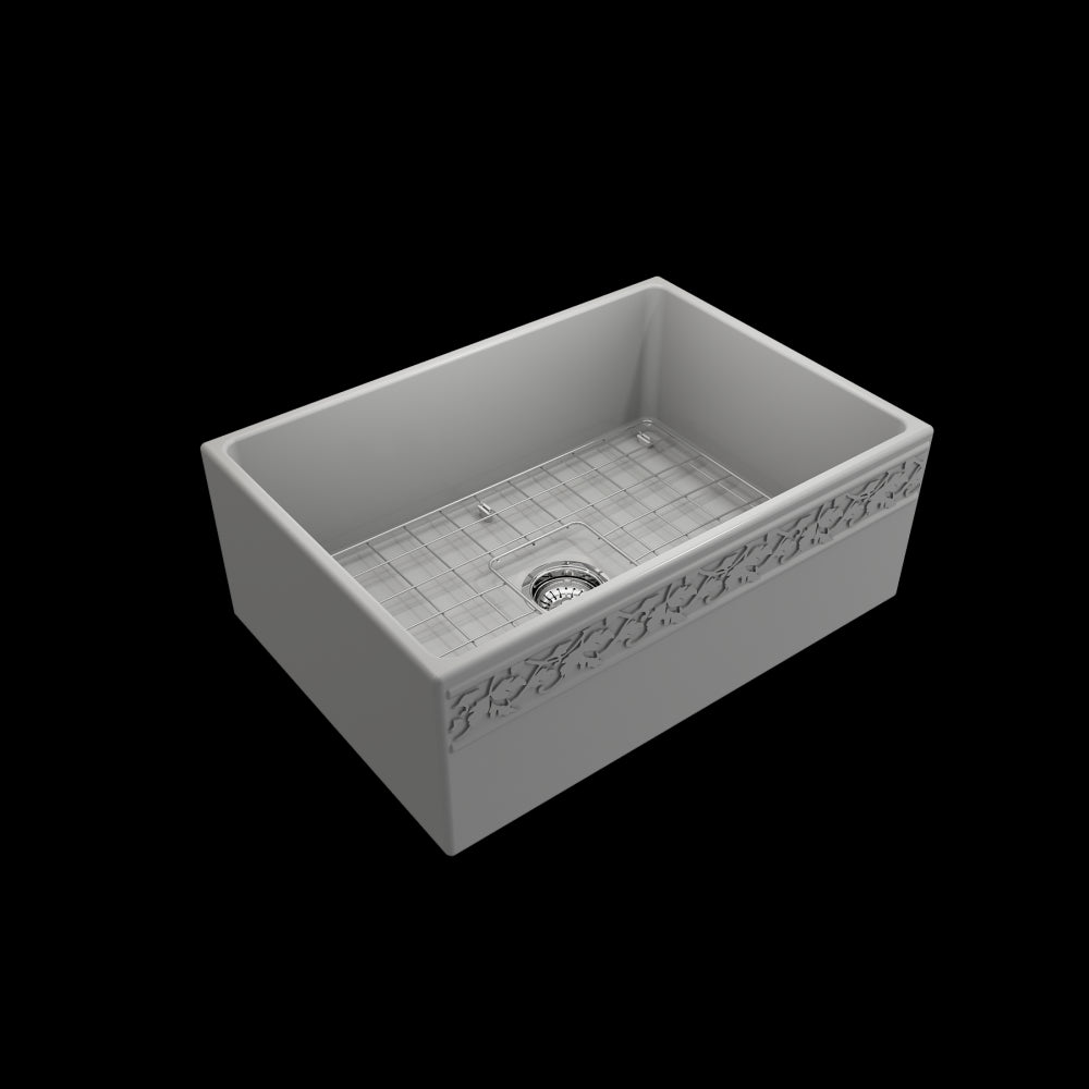 Vigneto Apron Front Fireclay 27 in. Single Bowl Kitchen Sink with Protective Bottom Grid and Strainer in Matte Gray