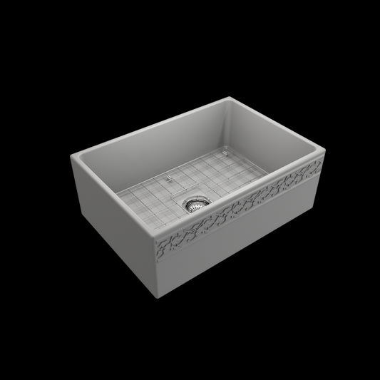 Vigneto Apron Front Fireclay 27 in. Single Bowl Kitchen Sink with Protective Bottom Grid and Strainer in Matte Gray