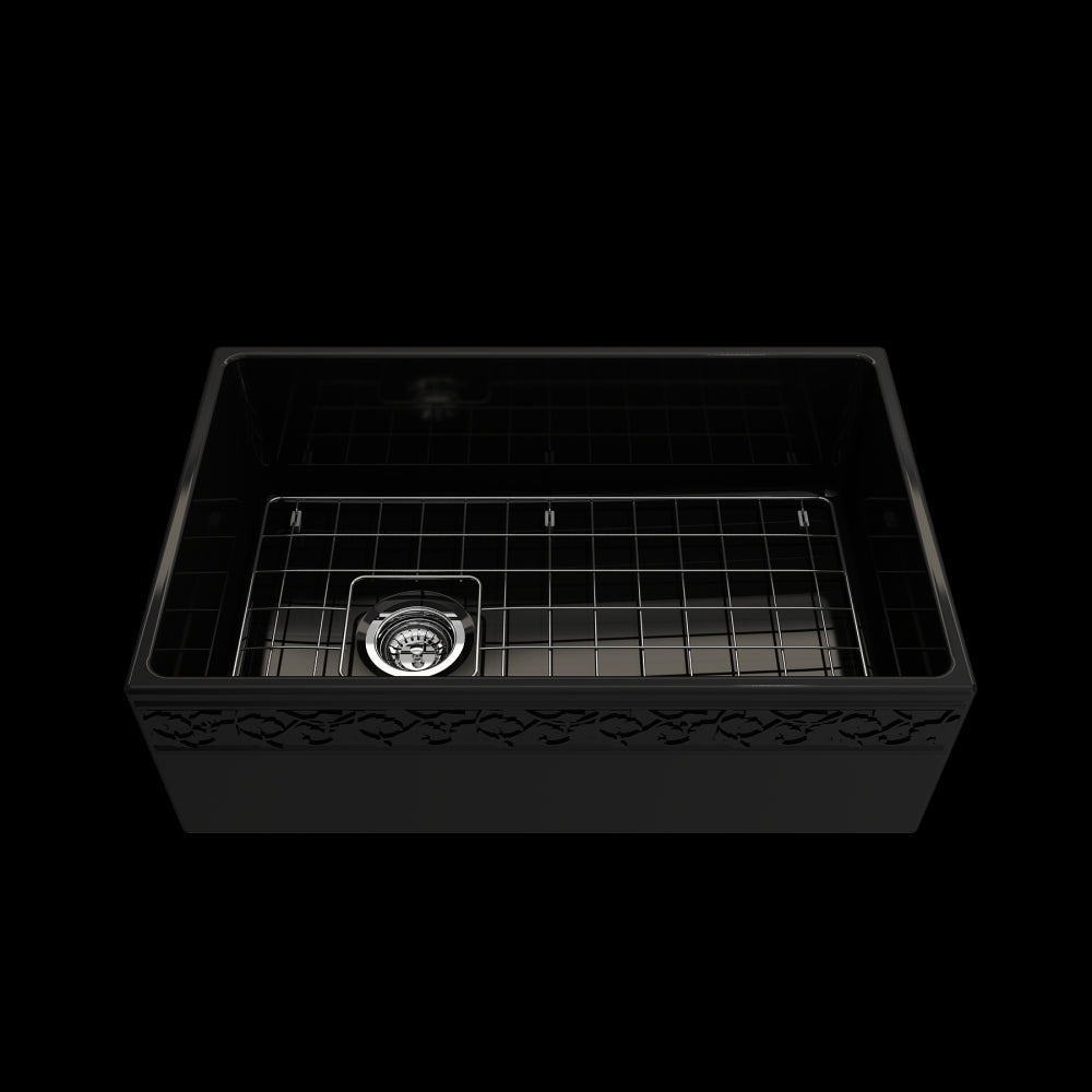 Vigneto Apron Front Fireclay 30 in. Single Bowl Kitchen Sink with Protective Bottom Grid and Strainer in Black