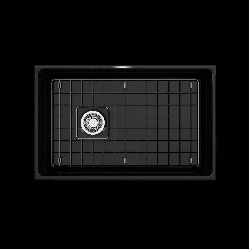 Vigneto Apron Front Fireclay 30 in. Single Bowl Kitchen Sink with Protective Bottom Grid and Strainer in Black