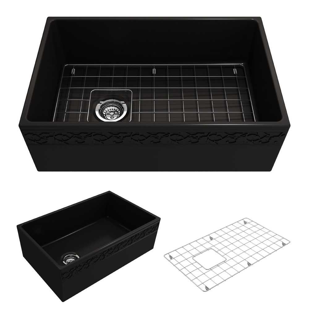 Vigneto Apron Front Fireclay 30 in. Single Bowl Kitchen Sink with Protective Bottom Grid and Strainer in Matte Black