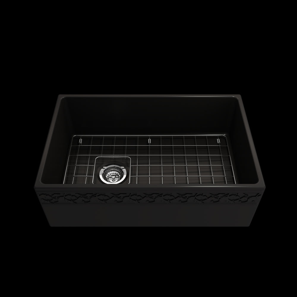 Vigneto Apron Front Fireclay 30 in. Single Bowl Kitchen Sink with Protective Bottom Grid and Strainer in Matte Black