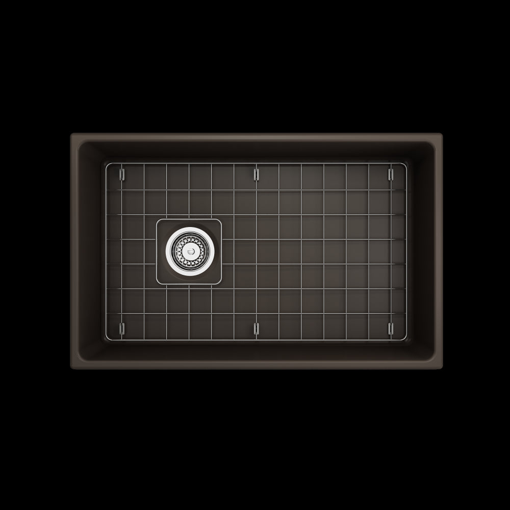 Vigneto Apron Front Fireclay 30 in. Single Bowl Kitchen Sink with Protective Bottom Grid and Strainer in Matte Brown