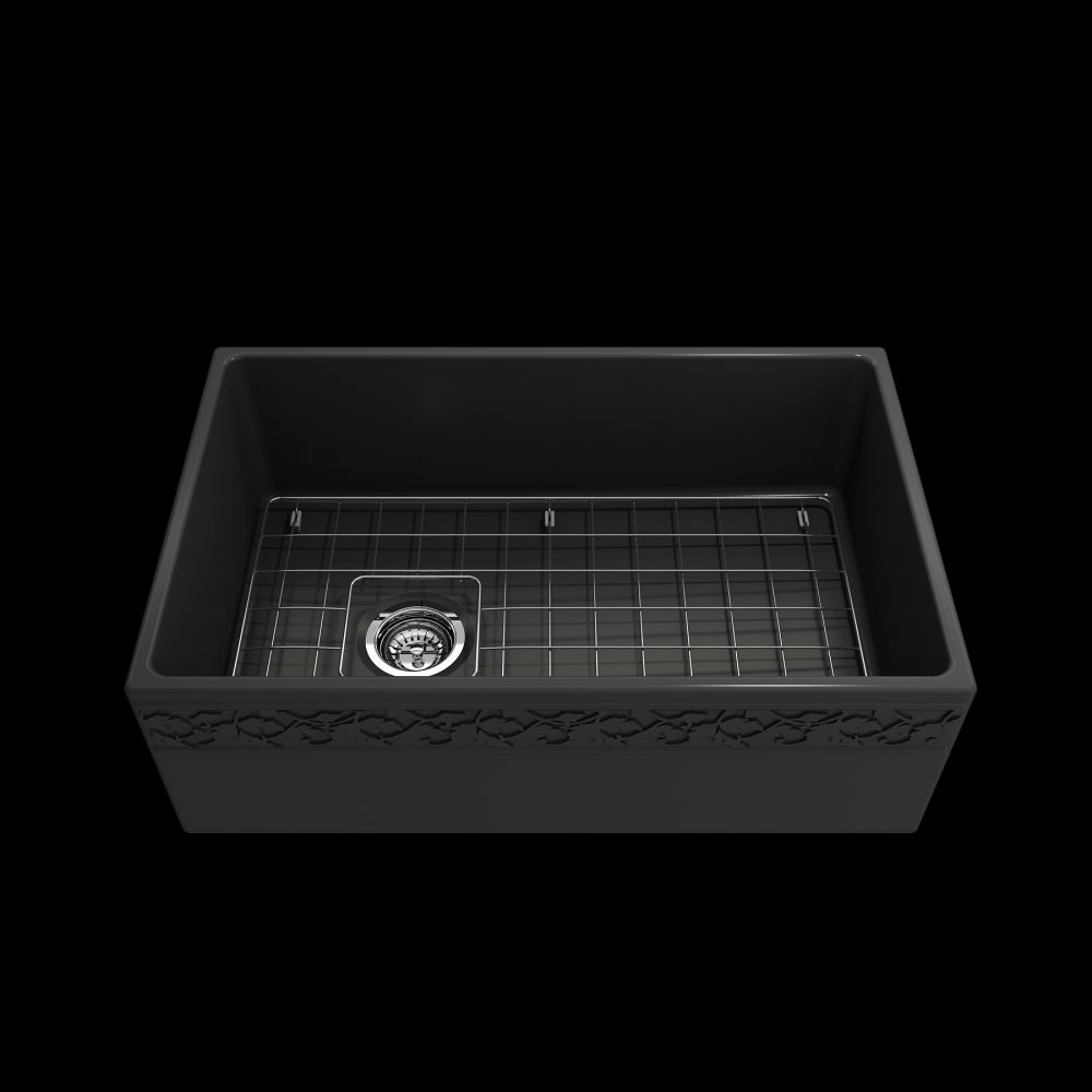 Vigneto Apron Front Fireclay 30 in. Single Bowl Kitchen Sink with Protective Bottom Grid and Strainer in Matte Dark Gray