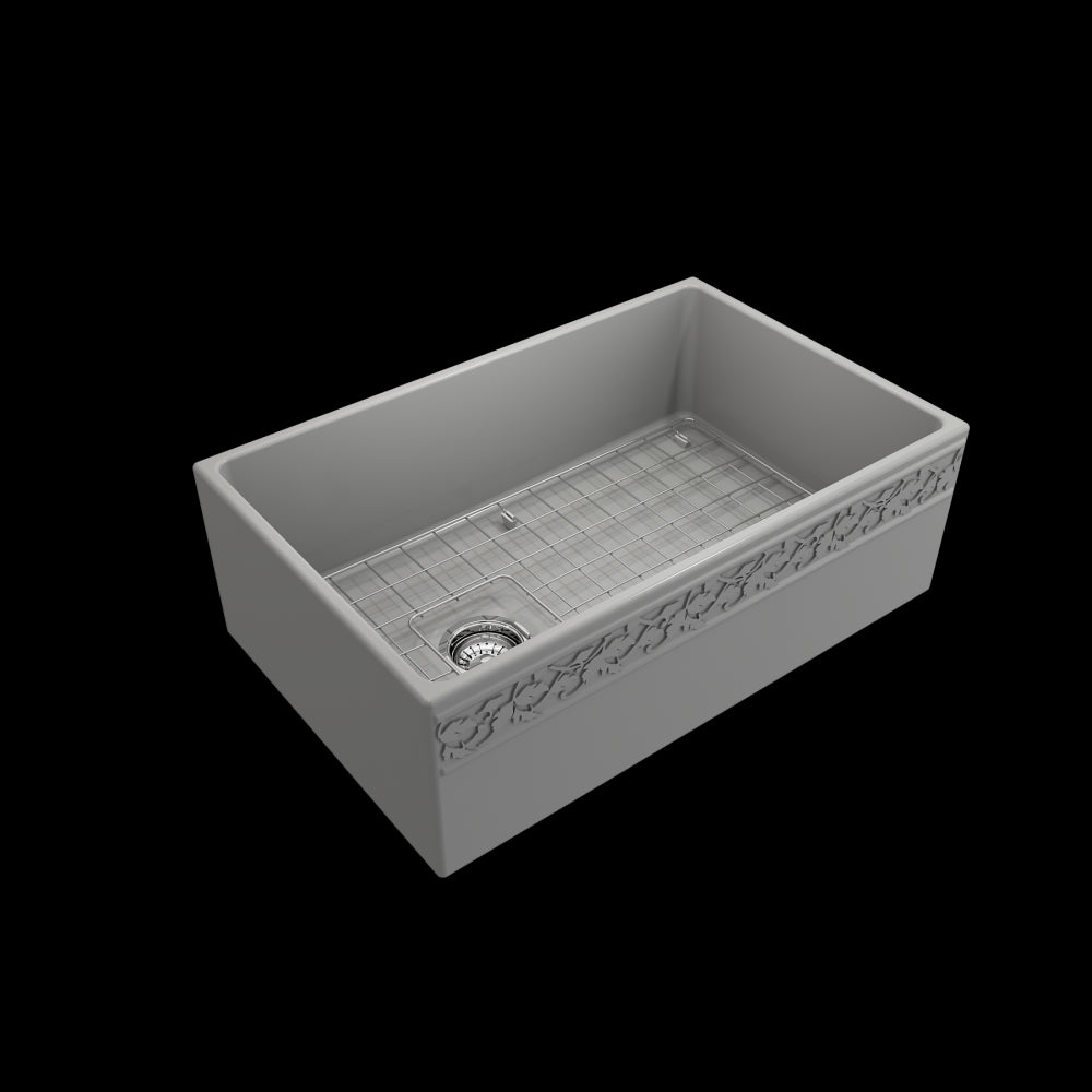 Vigneto Apron Front Fireclay 30 in. Single Bowl Kitchen Sink with Protective Bottom Grid and Strainer in Matte Gray
