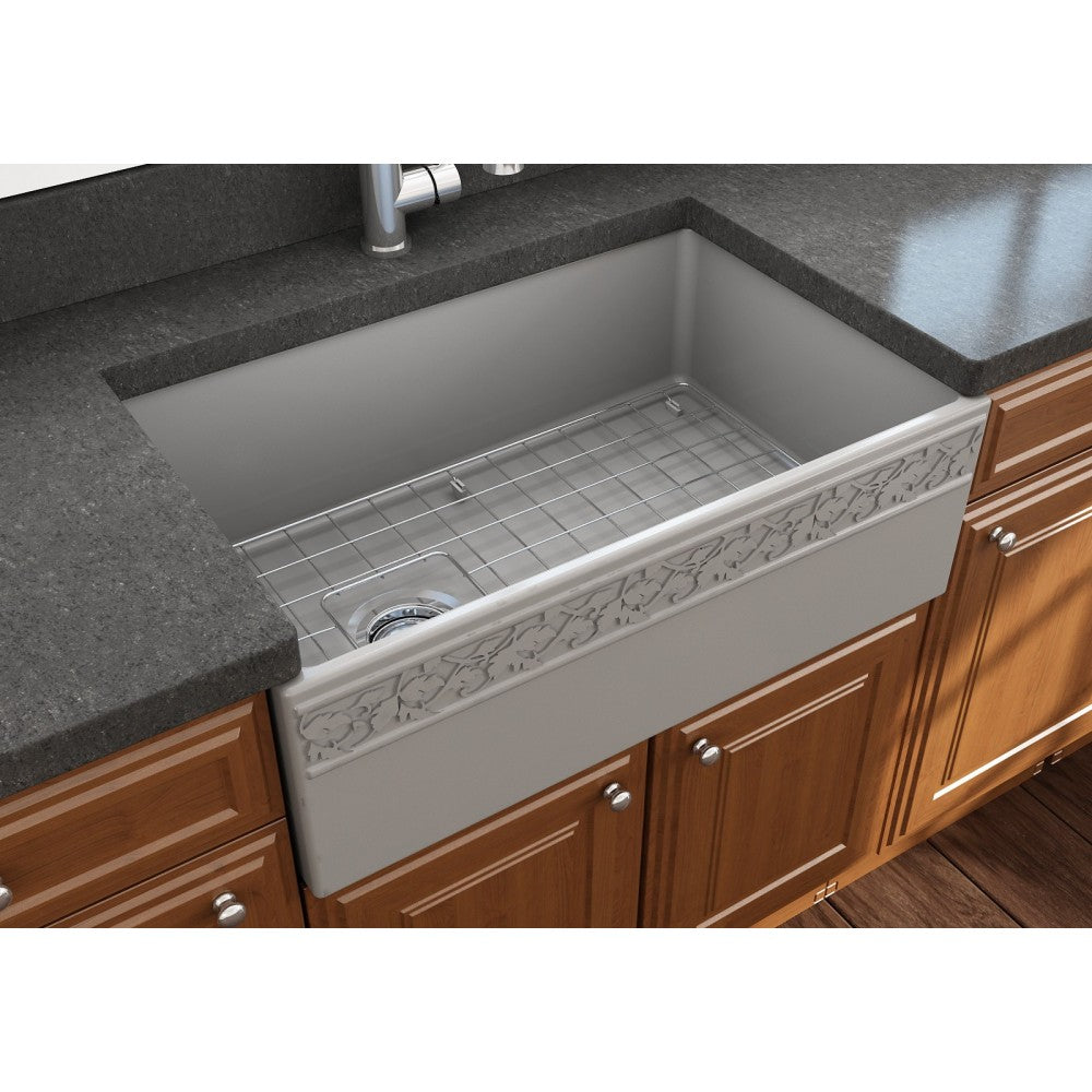 Vigneto Apron Front Fireclay 30 in. Single Bowl Kitchen Sink with Protective Bottom Grid and Strainer in Matte Gray