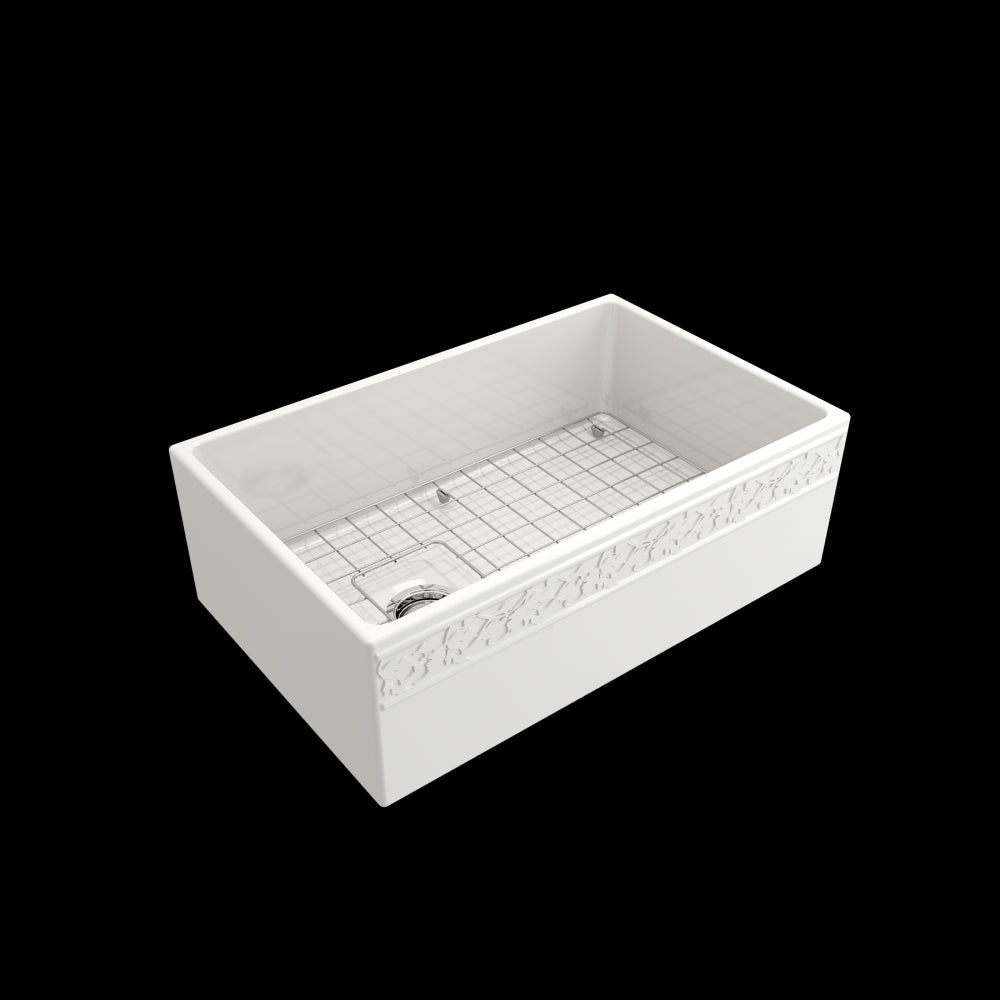 Vigneto Apron Front Fireclay 30 in. Single Bowl Kitchen Sink with Protective Bottom Grid and Strainer in White