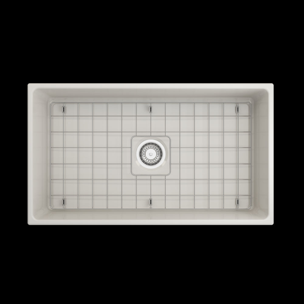 Vigneto Apron Front Fireclay 33 in. Single Bowl Kitchen Sink with Protective Bottom Grid and Strainer in Biscuit