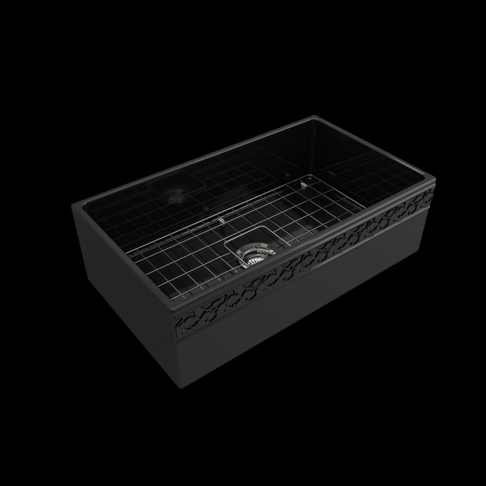 Vigneto Apron Front Fireclay 33 in. Single Bowl Kitchen Sink with Protective Bottom Grid and Strainer in Black