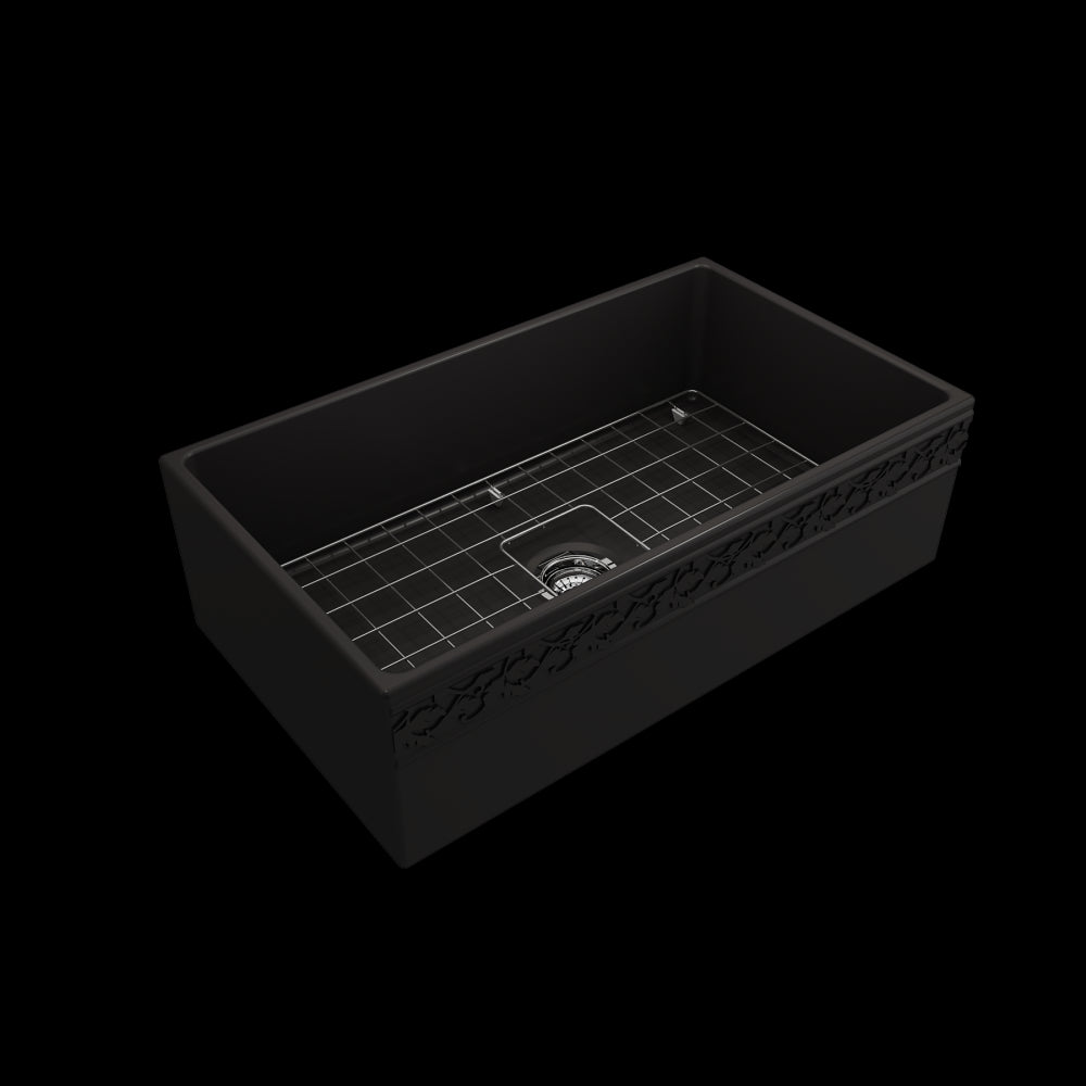 Vigneto Apron Front Fireclay 33 in. Single Bowl Kitchen Sink with Protective Bottom Grid and Strainer in Matte Black