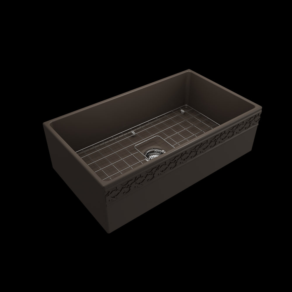 Vigneto Apron Front Fireclay 33 in. Single Bowl Kitchen Sink with Protective Bottom Grid and Strainer in Matte Brown