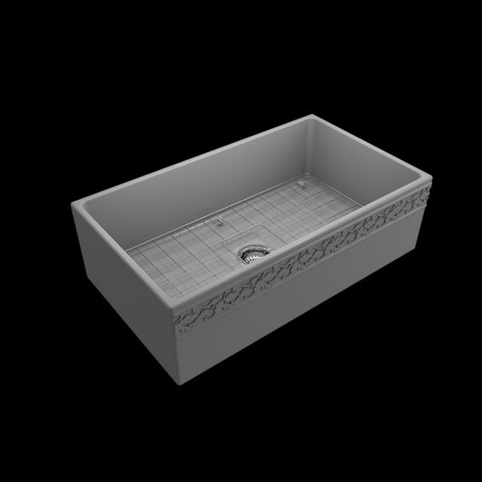 Vigneto Apron Front Fireclay 33 in. Single Bowl Kitchen Sink with Protective Bottom Grid and Strainer in Matte Gray