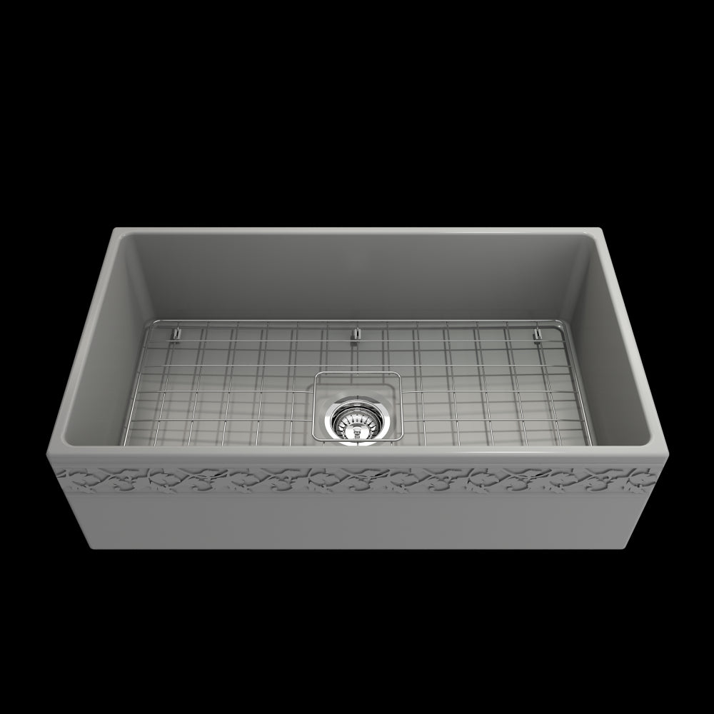 Vigneto Apron Front Fireclay 33 in. Single Bowl Kitchen Sink with Protective Bottom Grid and Strainer in Matte Gray