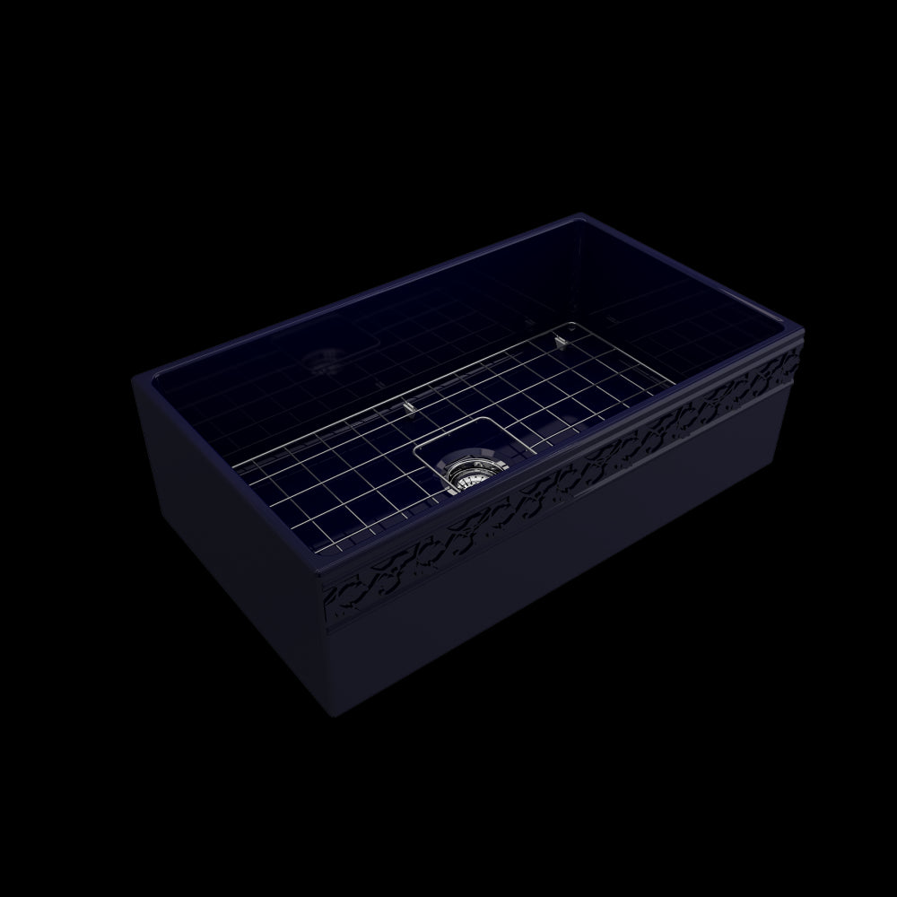 Vigneto Apron Front Fireclay 33 in. Single Bowl Kitchen Sink with Protective Bottom Grid and Strainer in Sapphire Blue