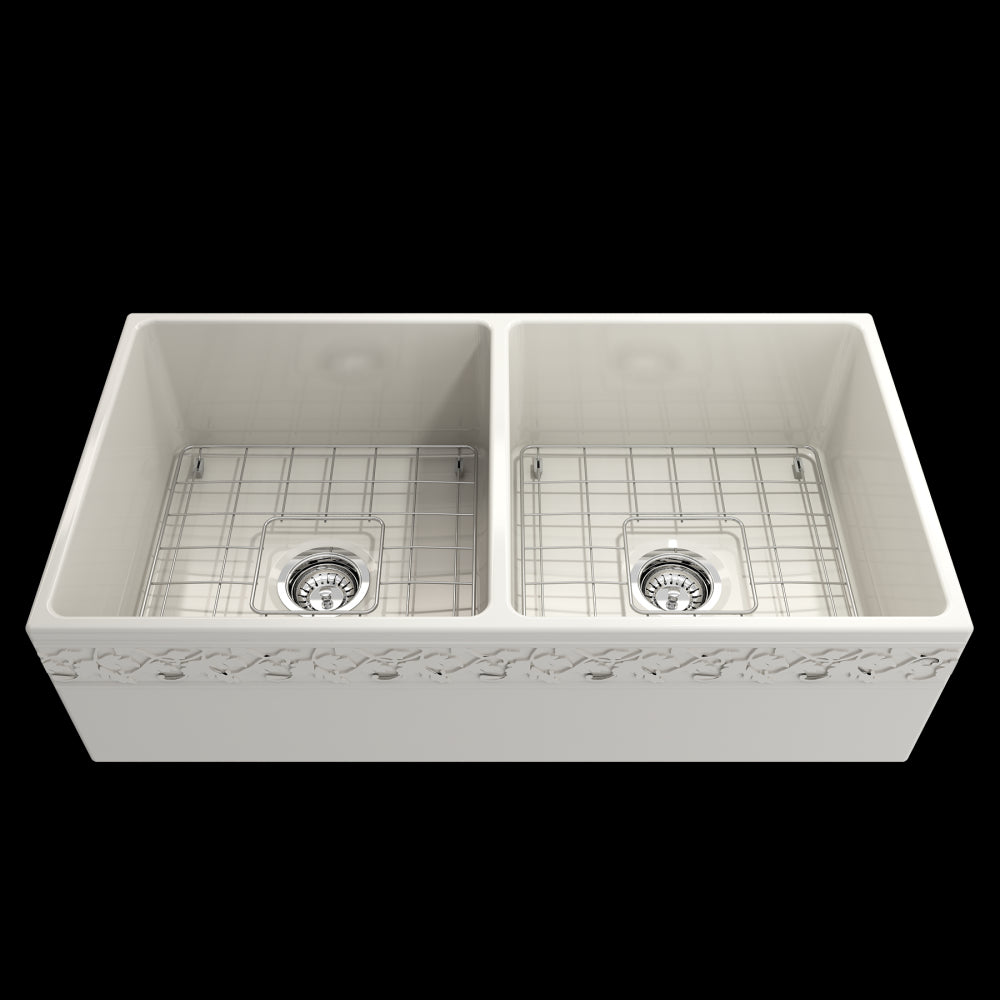 Vigneto Apron Front Fireclay 36 in. Double Bowl Kitchen Sink with Protective Bottom Grids and Strainers in Biscuit