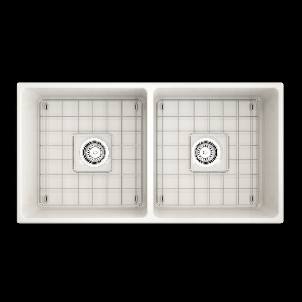 Vigneto Apron Front Fireclay 36 in. Double Bowl Kitchen Sink with Protective Bottom Grids and Strainers in Biscuit