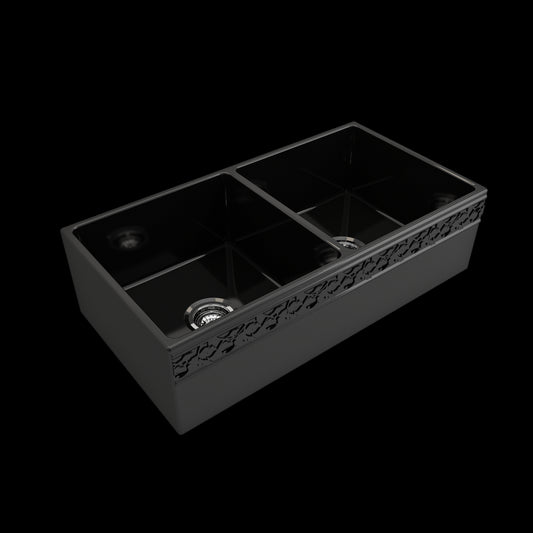 Vigneto Apron Front Fireclay 36 in. Double Bowl Kitchen Sink with Protective Bottom Grids and Strainers in Black