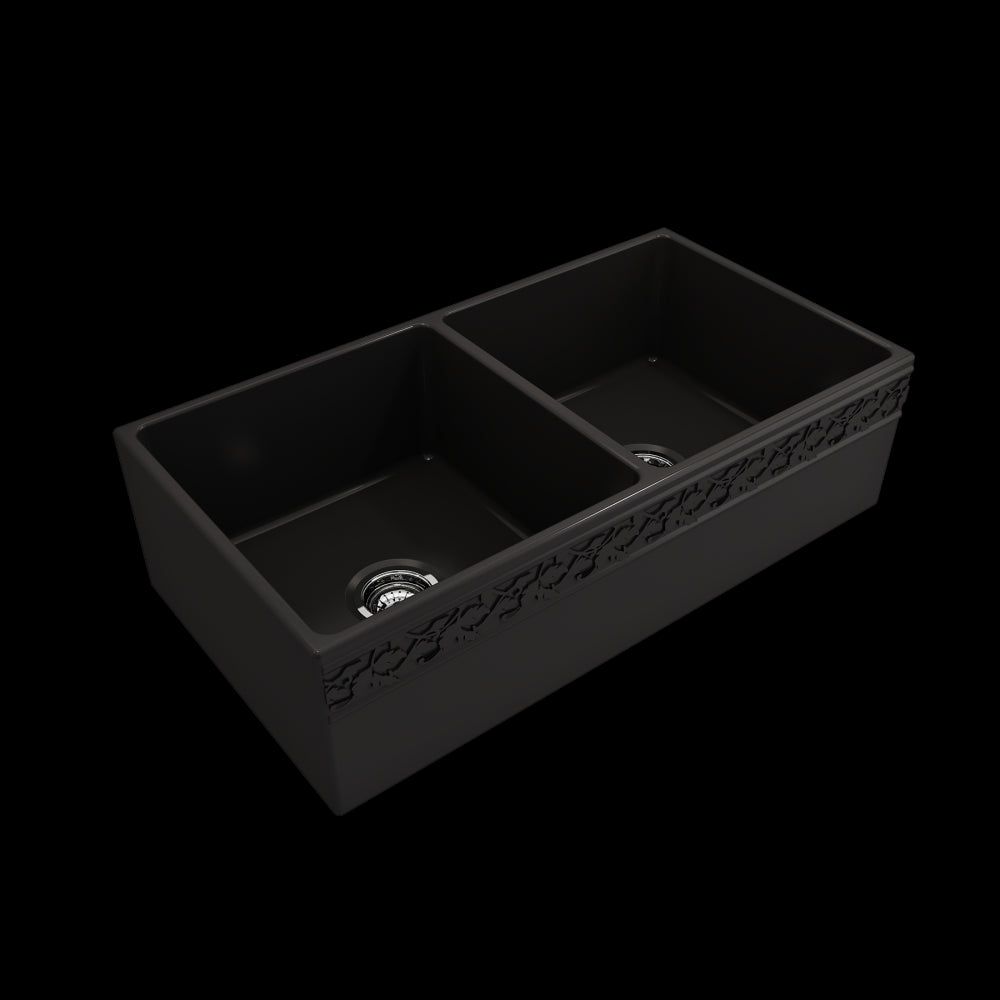 Vigneto Apron Front Fireclay 36 in. Double Bowl Kitchen Sink with Protective Bottom Grids and Strainers in Matte Black