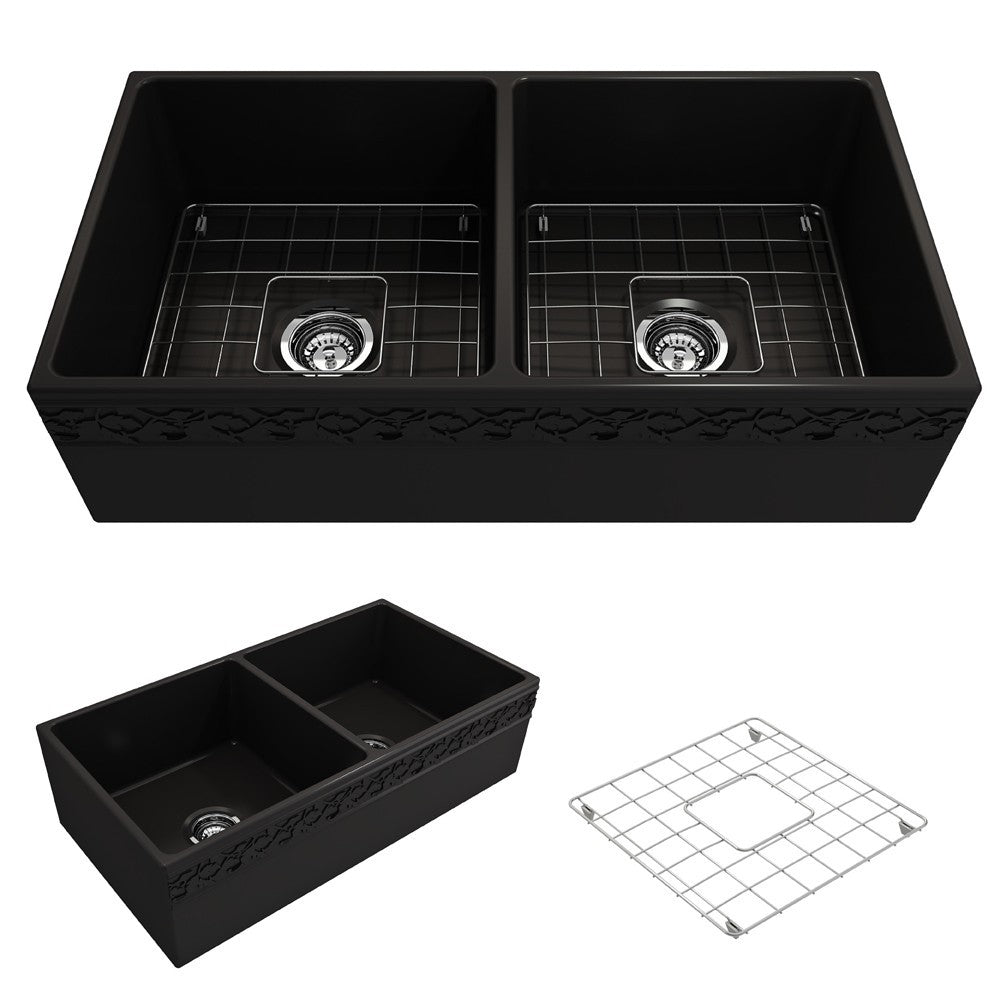 Vigneto Apron Front Fireclay 36 in. Double Bowl Kitchen Sink with Protective Bottom Grids and Strainers in Matte Black