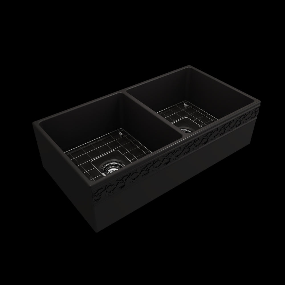 Vigneto Apron Front Fireclay 36 in. Double Bowl Kitchen Sink with Protective Bottom Grids and Strainers in Matte Black
